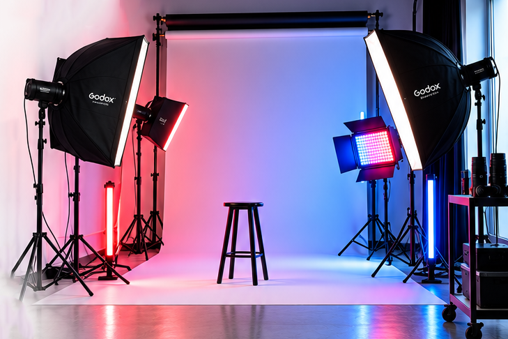 Sala posa Cavone Lab con fondale, softbox e luci RGB